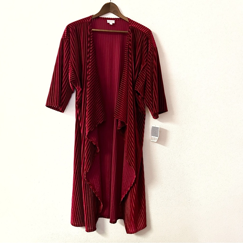 NWT Lularoe Shirley Deep Red Striped Velvet Duster Cardigan Kimono Medium
